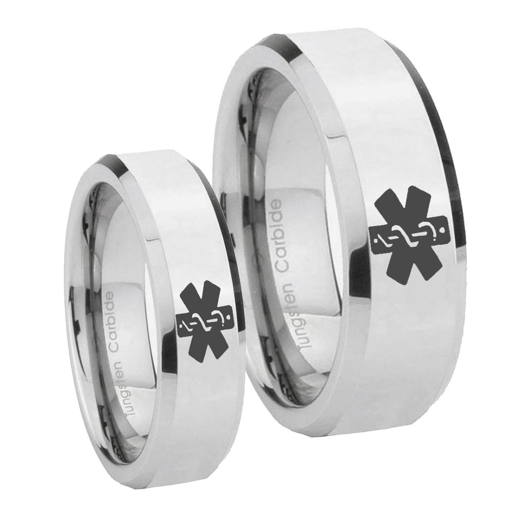 Medical Alert Beveled Edges Silver Tungsten Mens Set Ring
