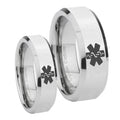 Medical Alert Beveled Edges Silver Tungsten Mens Set Ring
