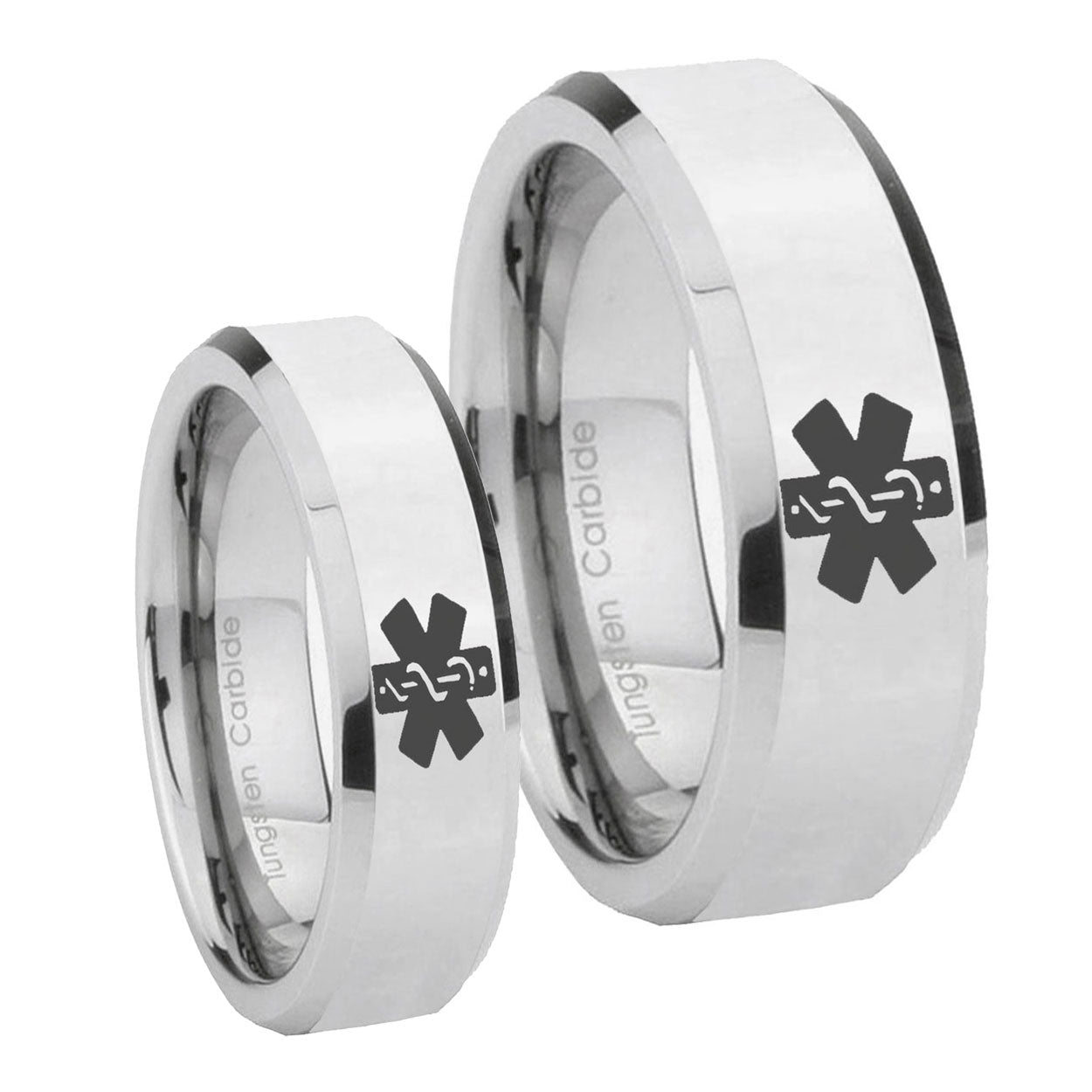 Medical Alert Beveled Edges Silver Tungsten Mens Set Ring