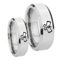 Monarch Beveled Edges Silver Tungsten Wedding Band Set