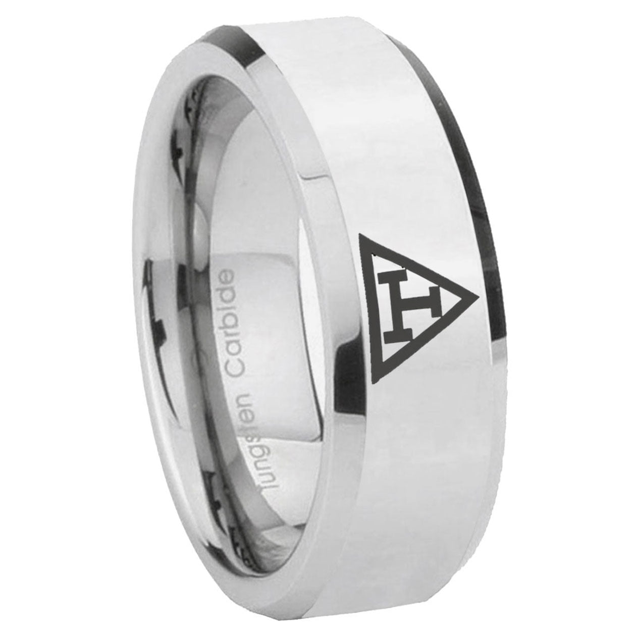 8MM Masonic Triple Bevel Polish Silver Tungsten Rings For Men