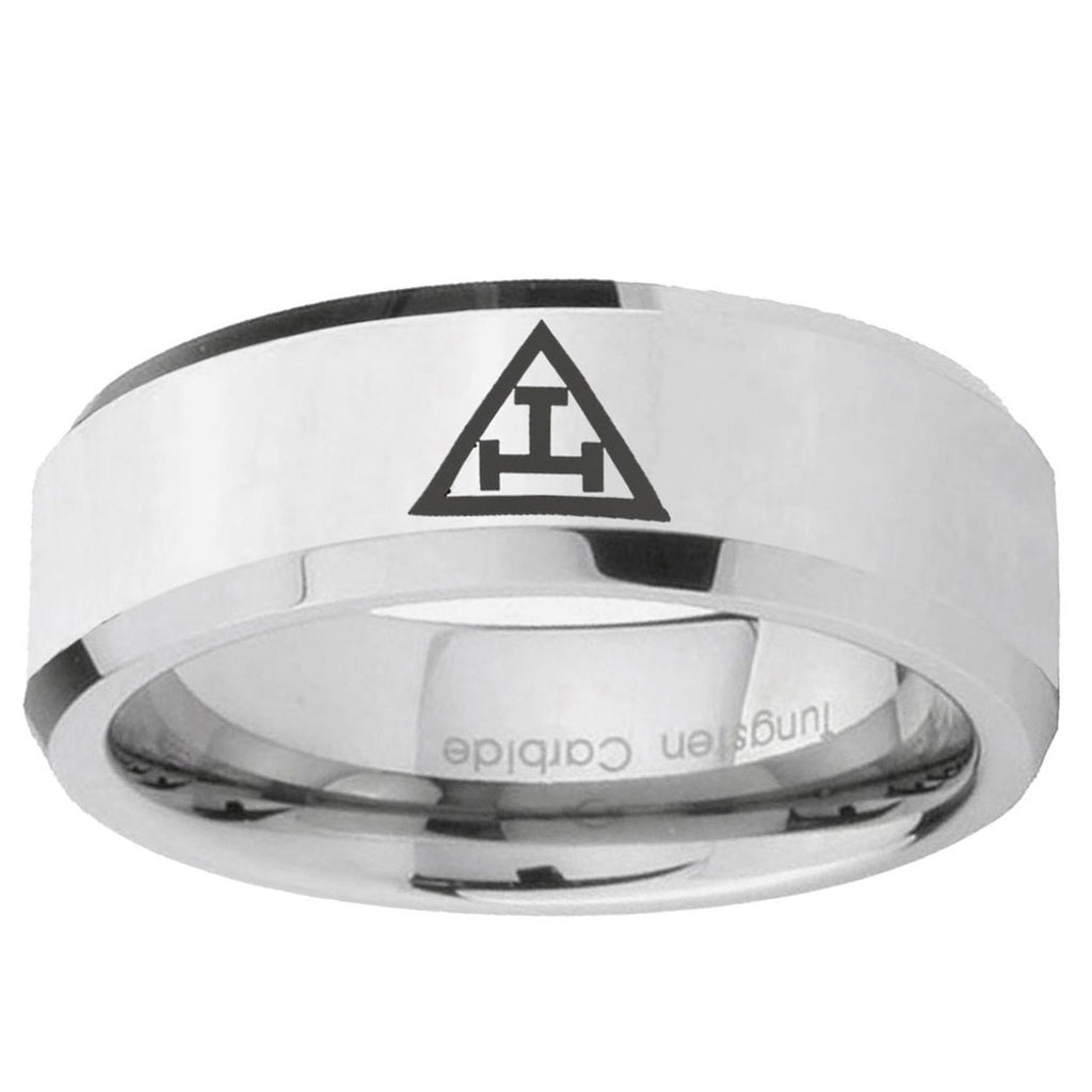 10mm Masonic Triple Beveled Edge Silver Tungsten Ring