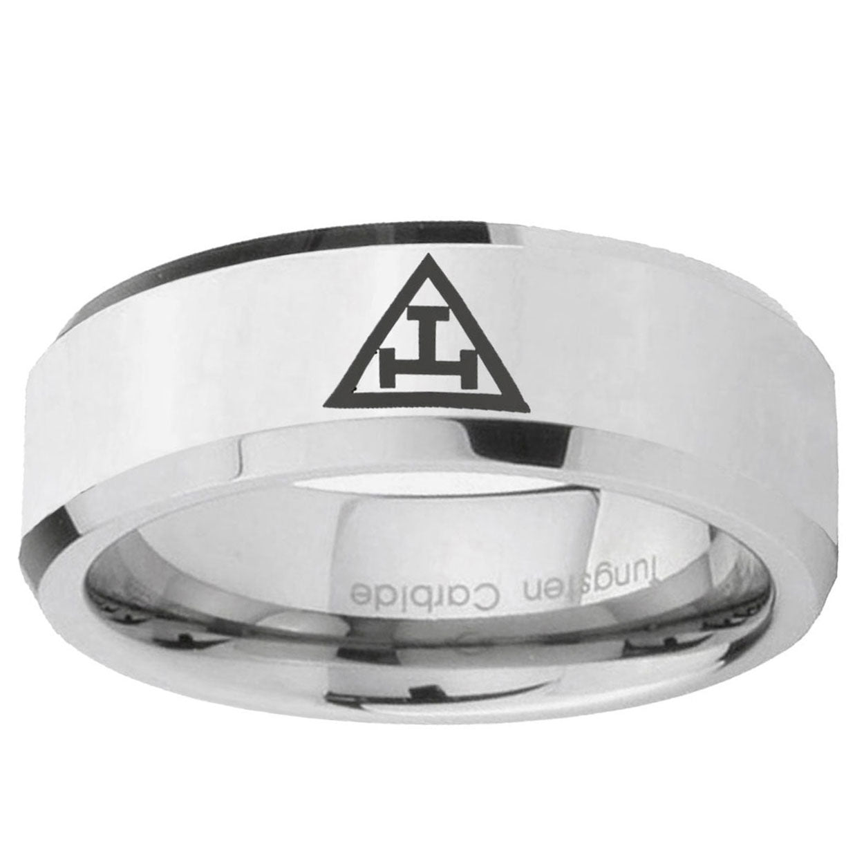 10mm Masonic Triple Beveled Edge Silver Tungsten Ring