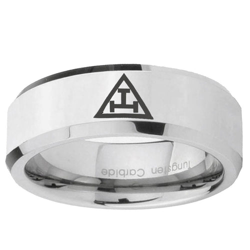 10mm Masonic Triple Beveled Edge Silver Tungsten Ring