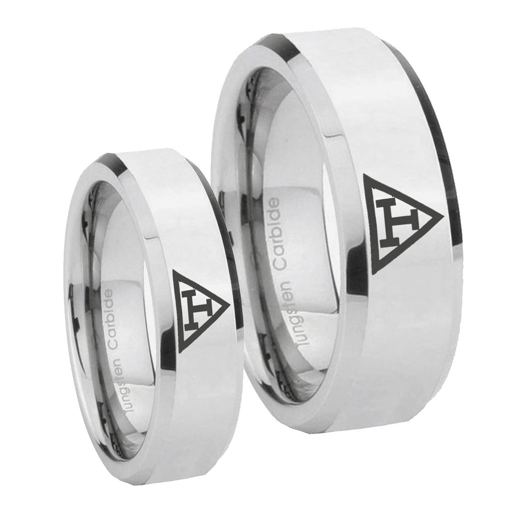 Masonic Triple Beveled Edges Silver Tungsten Wedding Set Rings