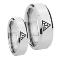 Masonic Triple Beveled Edges Silver Tungsten Wedding Set Rings