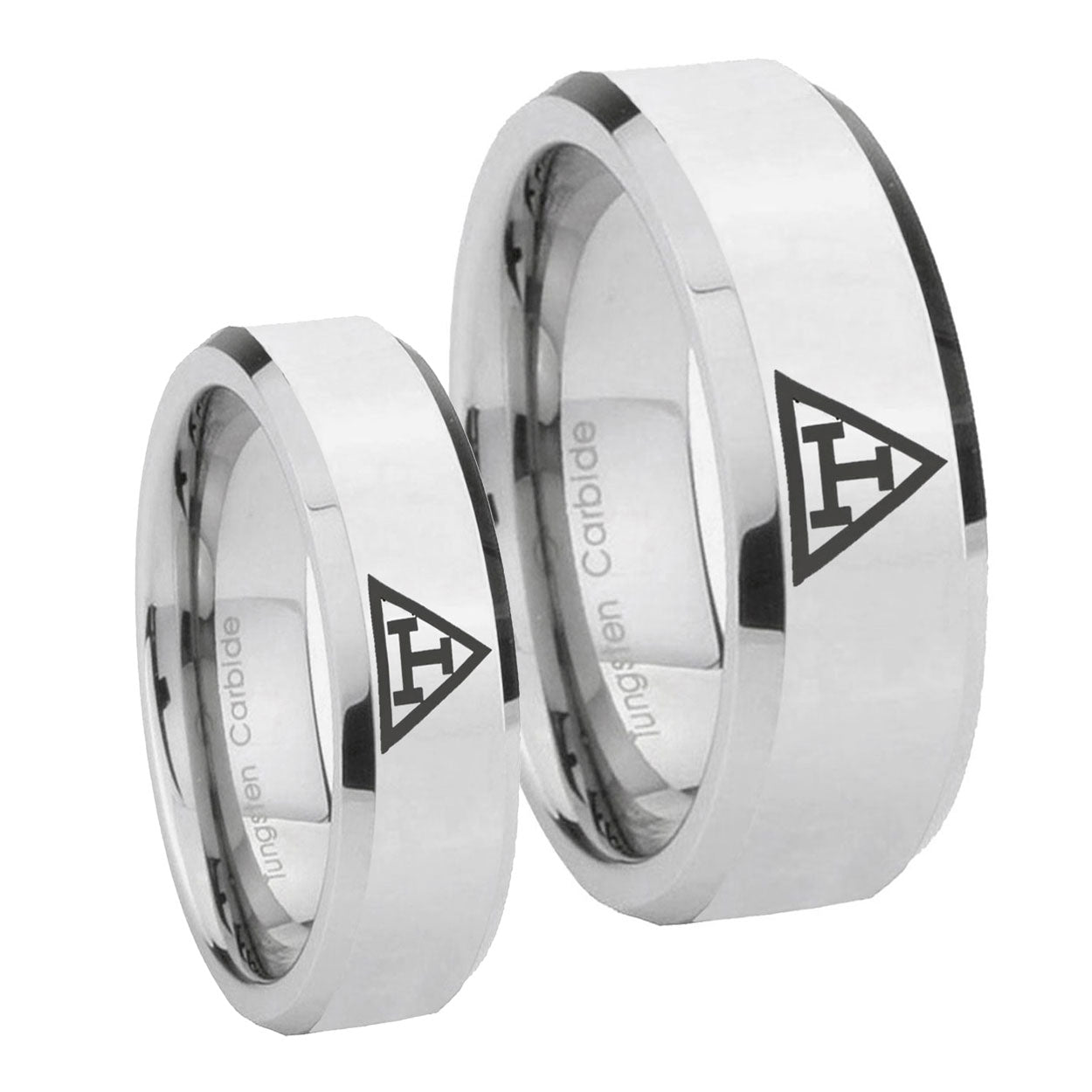 Masonic Triple Beveled Edges Silver Tungsten Wedding Set Rings