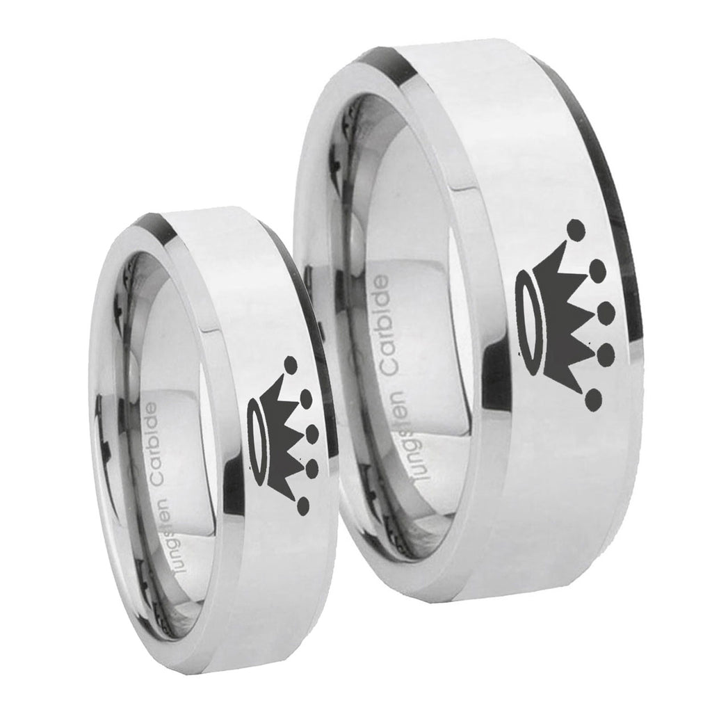 Crown Beveled Edges Silver Tungsten Wedding Ring Set