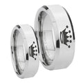 Crown Beveled Edges Silver Tungsten Wedding Ring Set