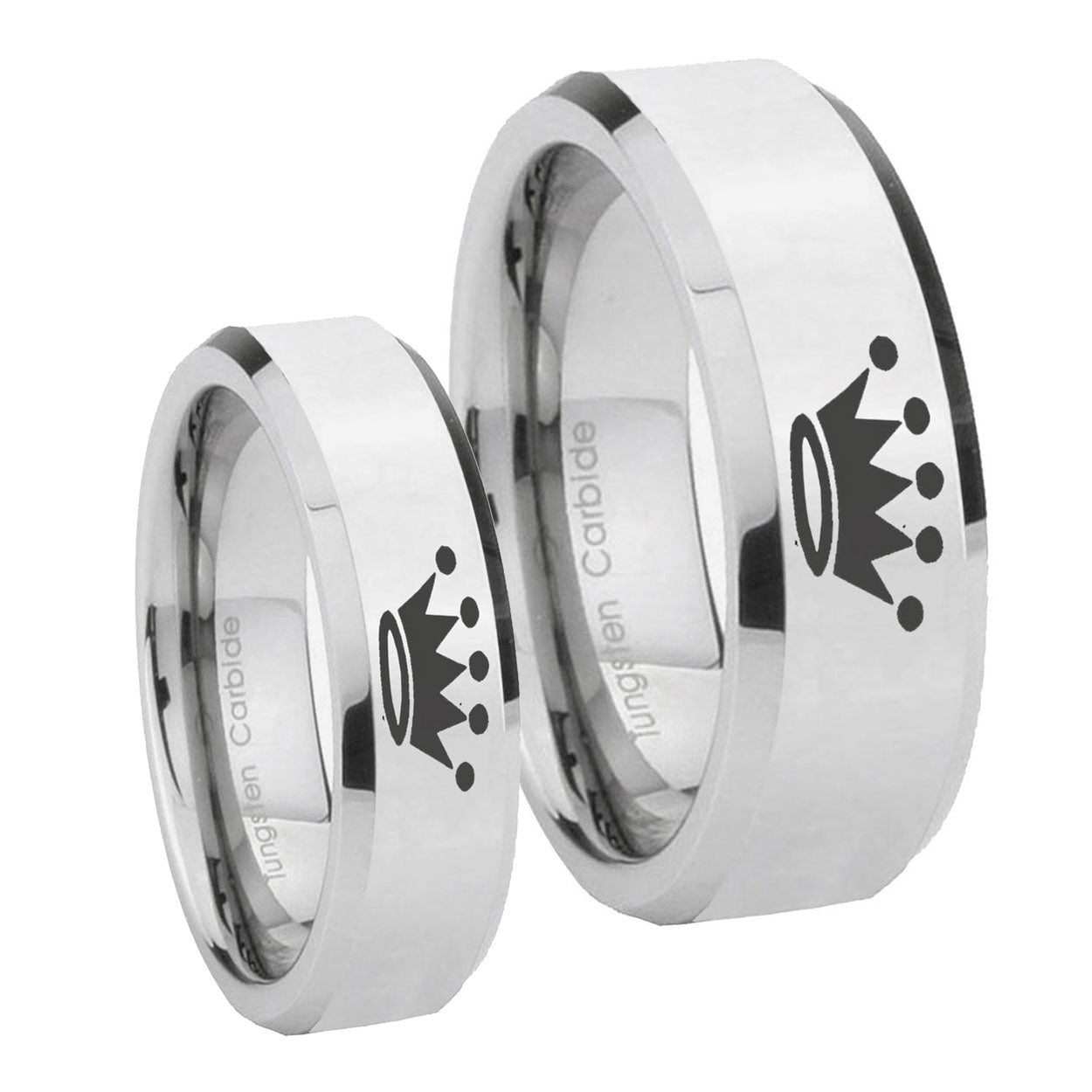 Crown Beveled Edges Silver Tungsten Wedding Ring Set