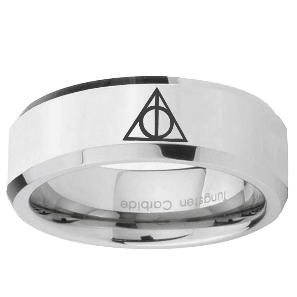 10mm Deathly Hallows Beveled Edge Silver Tungsten Ring