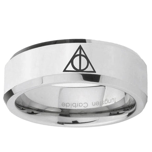 10mm Deathly Hallows Beveled Edge Silver Tungsten Ring
