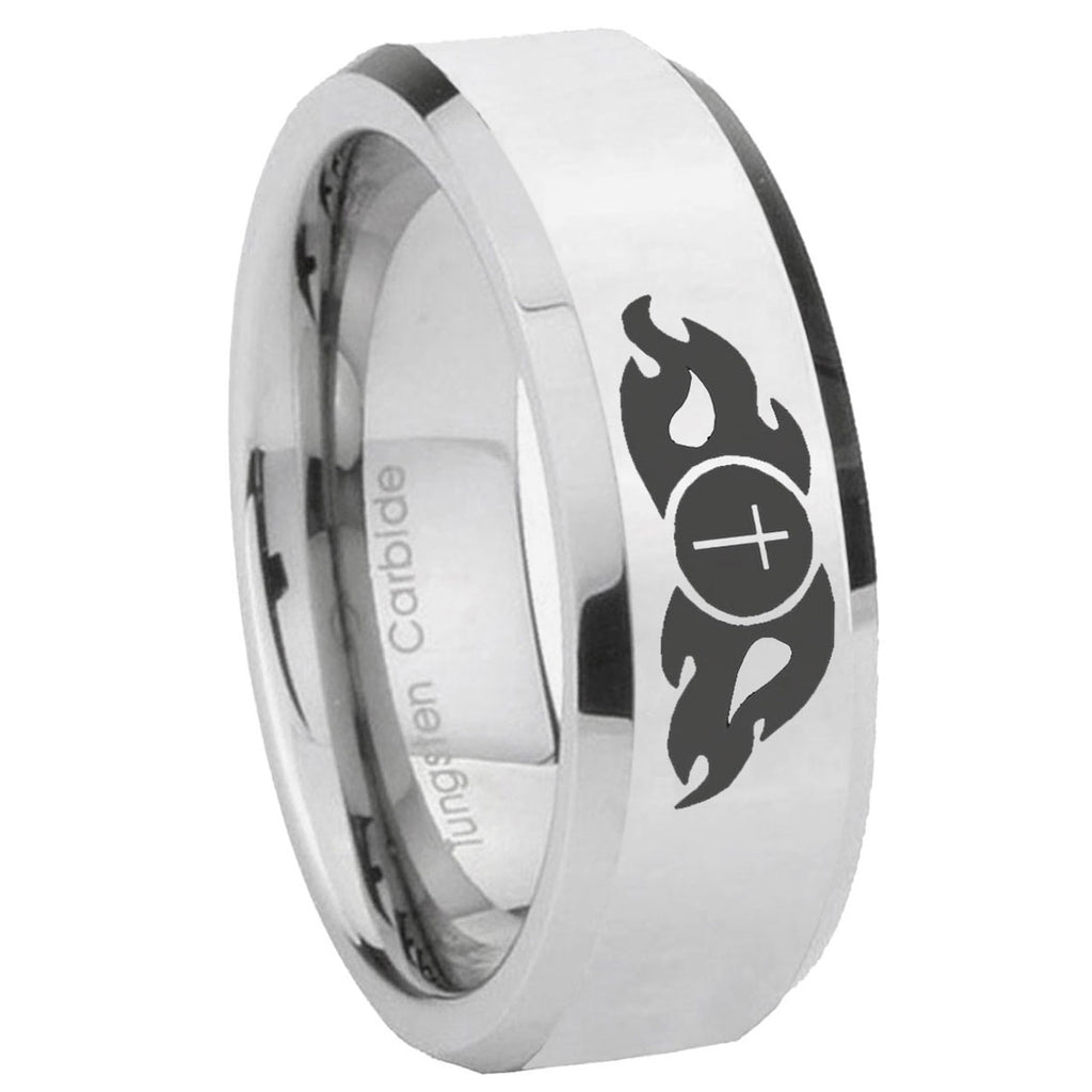 10mm Flamed Cross Beveled Edges Silver Tungsten Carbide Men's Wedding Ring