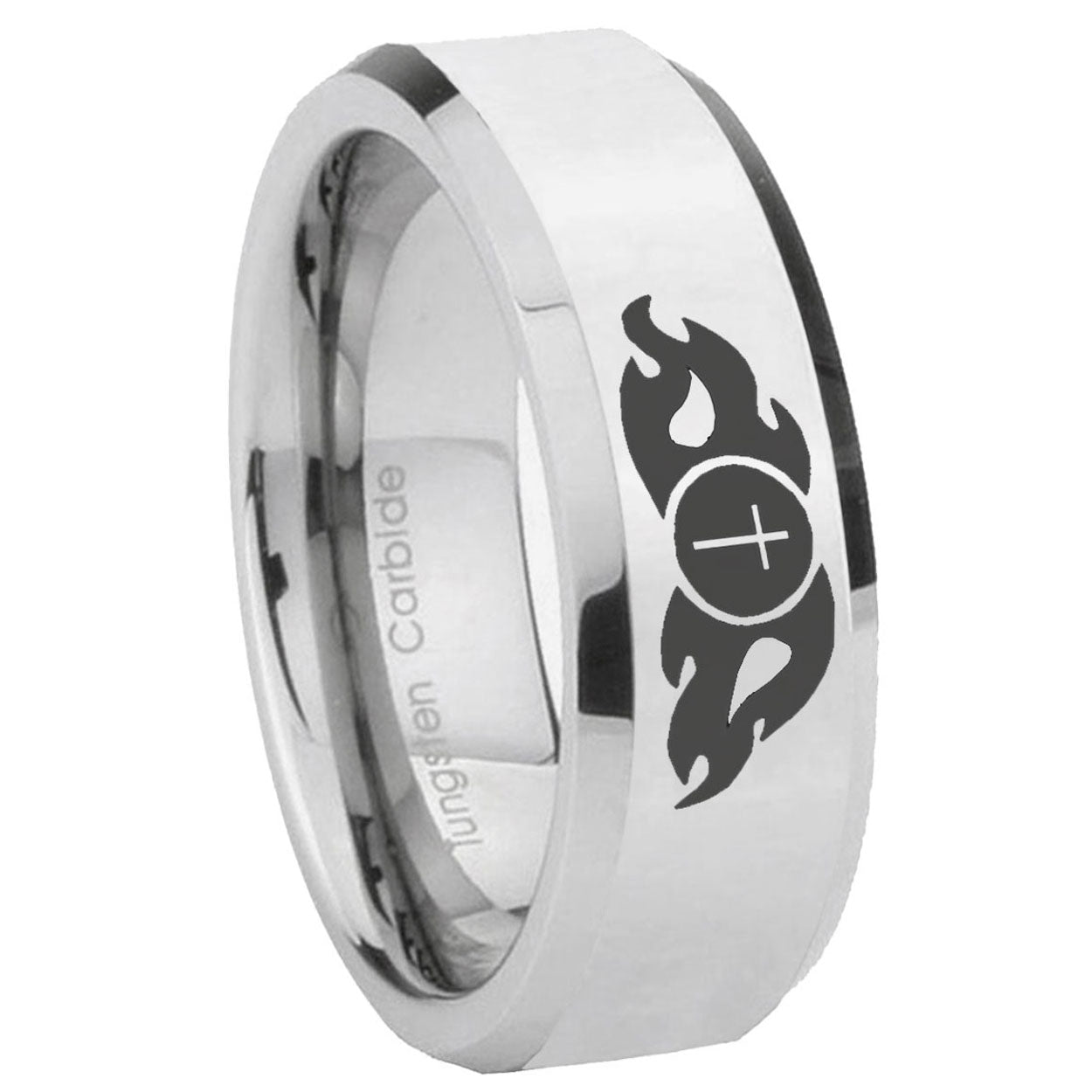 10mm Flamed Cross Beveled Edges Silver Tungsten Carbide Men's Wedding Ring