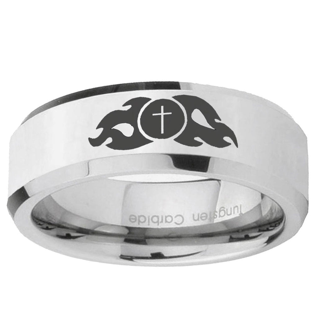 10mm Flamed Cross Beveled Edge Silver Tungsten Ring