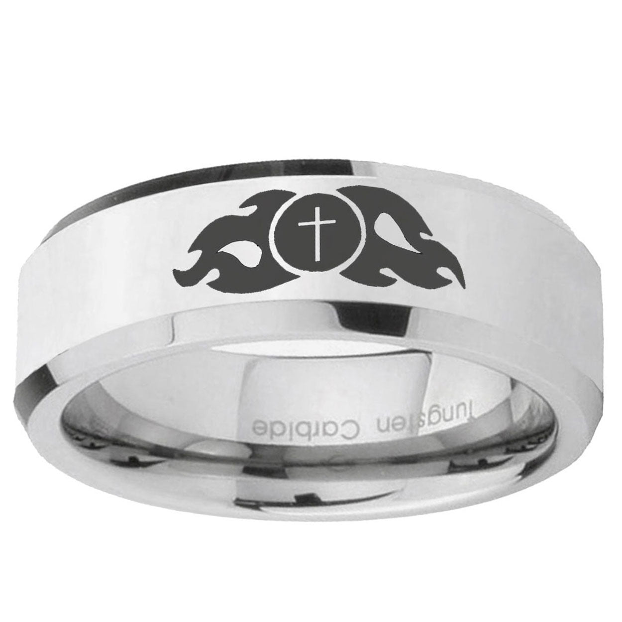 10mm Flamed Cross Beveled Edge Silver Tungsten Ring