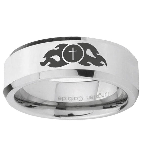 10mm Flamed Cross Beveled Edge Silver Tungsten Ring