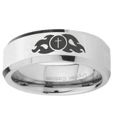 5, 8mm Flamed Cross Beveled Edge Silver Tungsten Carbide Custom Ring for Men
