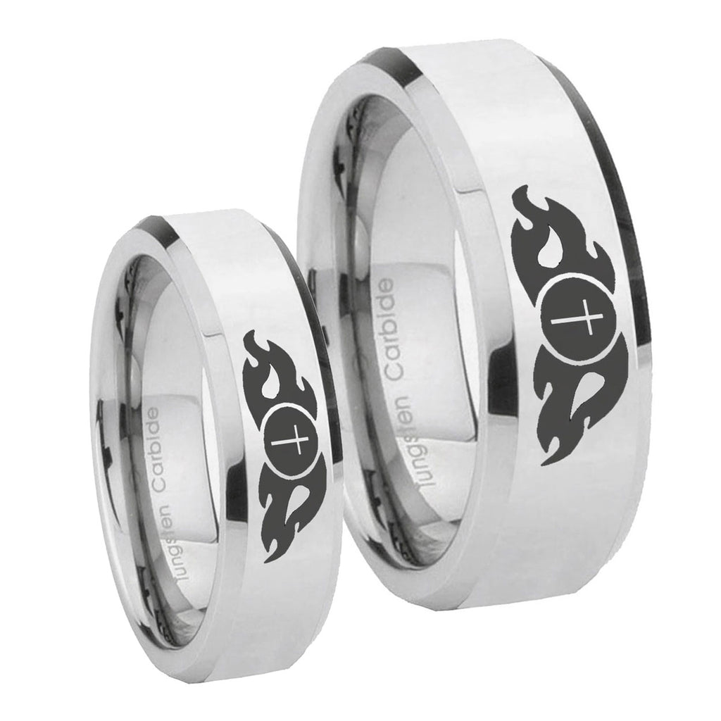 Flamed Cross Beveled Edges Silver Tungsten Promise Ring Set