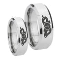 Flamed Cross Beveled Edges Silver Tungsten Promise Ring Set