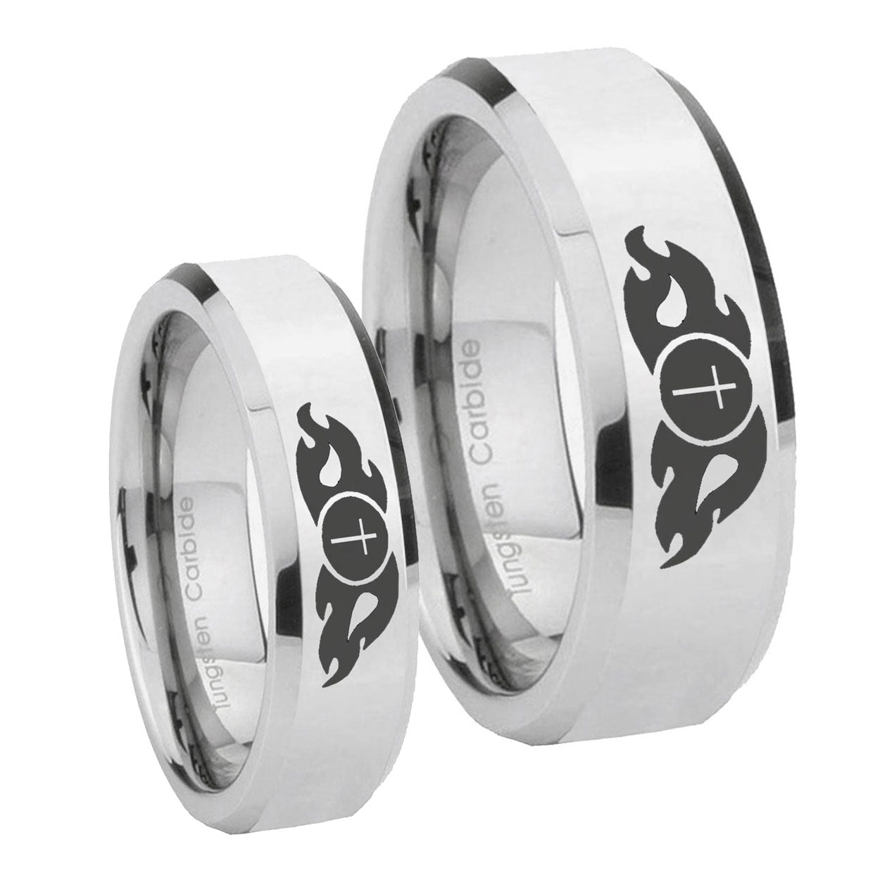 Flamed Cross Beveled Edges Silver Tungsten Promise Ring Set