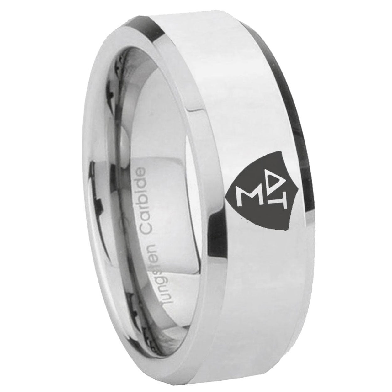 8MM Greek CTR Bevel Polish Silver Tungsten Mens Ring