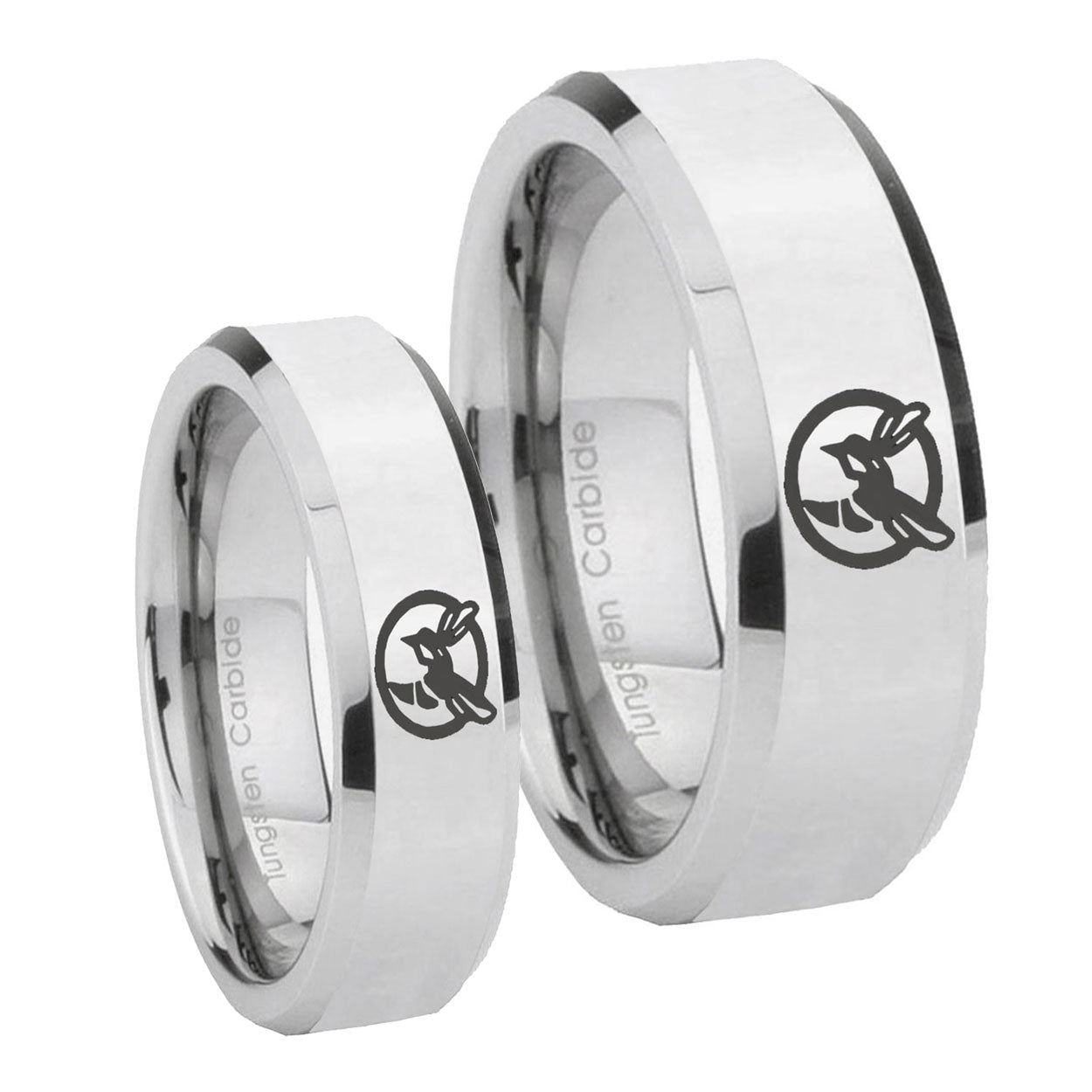 Honey Bee Beveled Edges Silver Tungsten Bridal Ring Set