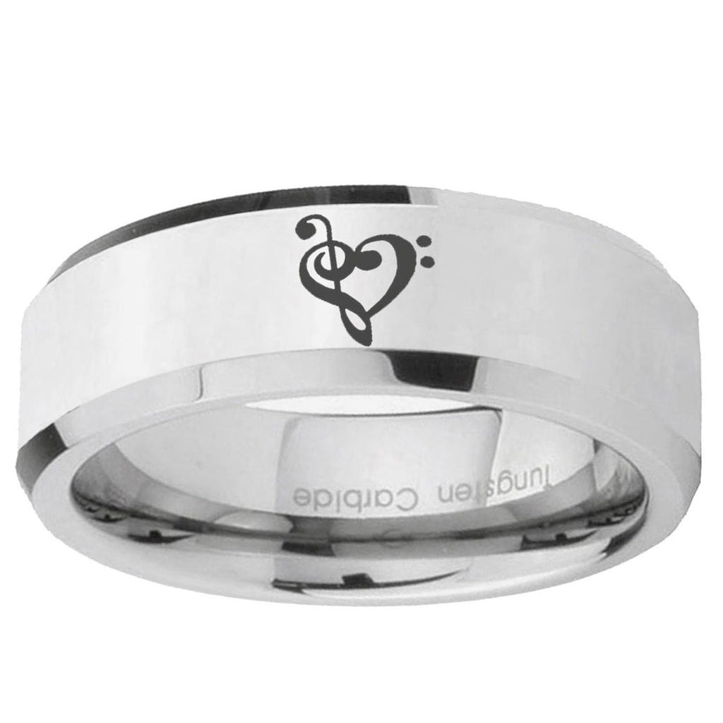 10mm Music & Heart Beveled Edge Silver Tungsten Ring