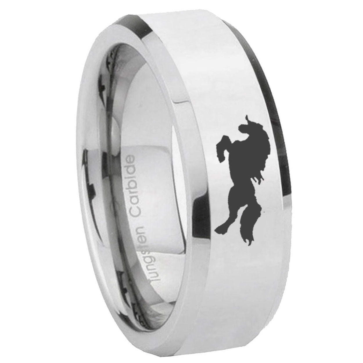 10mm Horse Beveled Edges Silver Tungsten Carbide Mens Wedding Band