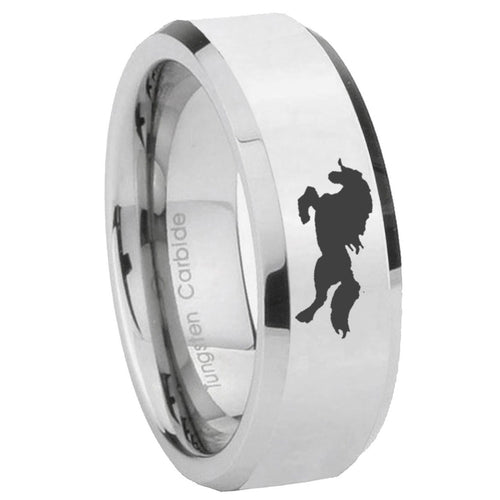 10mm Horse Beveled Edges Silver Tungsten Carbide Mens Wedding Band