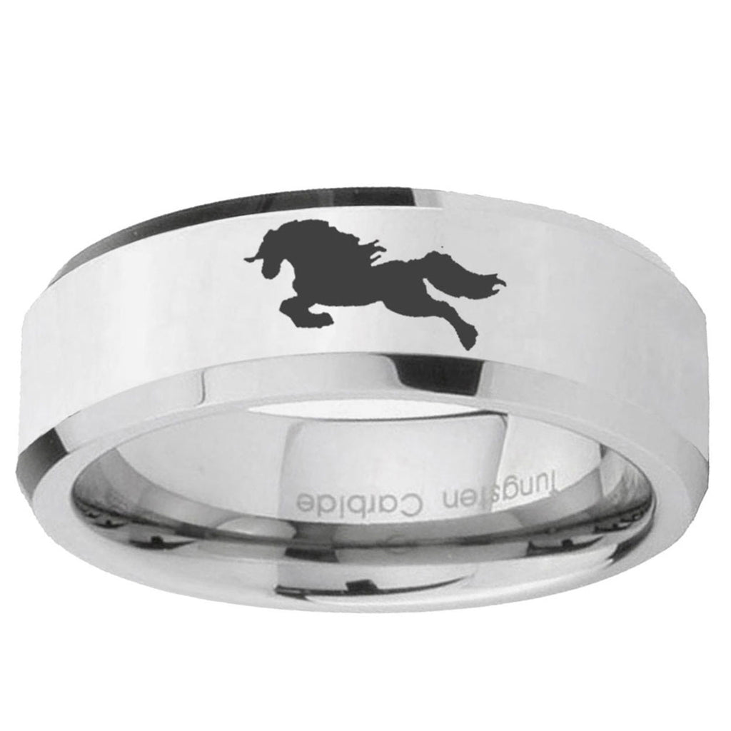 10mm Horse Beveled Edge Silver Tungsten Ring