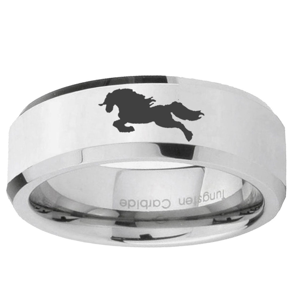10mm Horse Beveled Edge Silver Tungsten Ring
