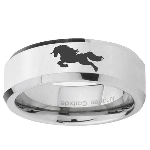 10mm Horse Beveled Edge Silver Tungsten Ring