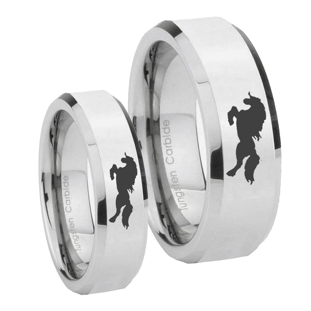 Horse Beveled Edges Silver Tungsten Couple Wedding Rings
