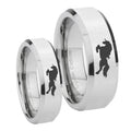 Horse Beveled Edges Silver Tungsten Couple Wedding Rings