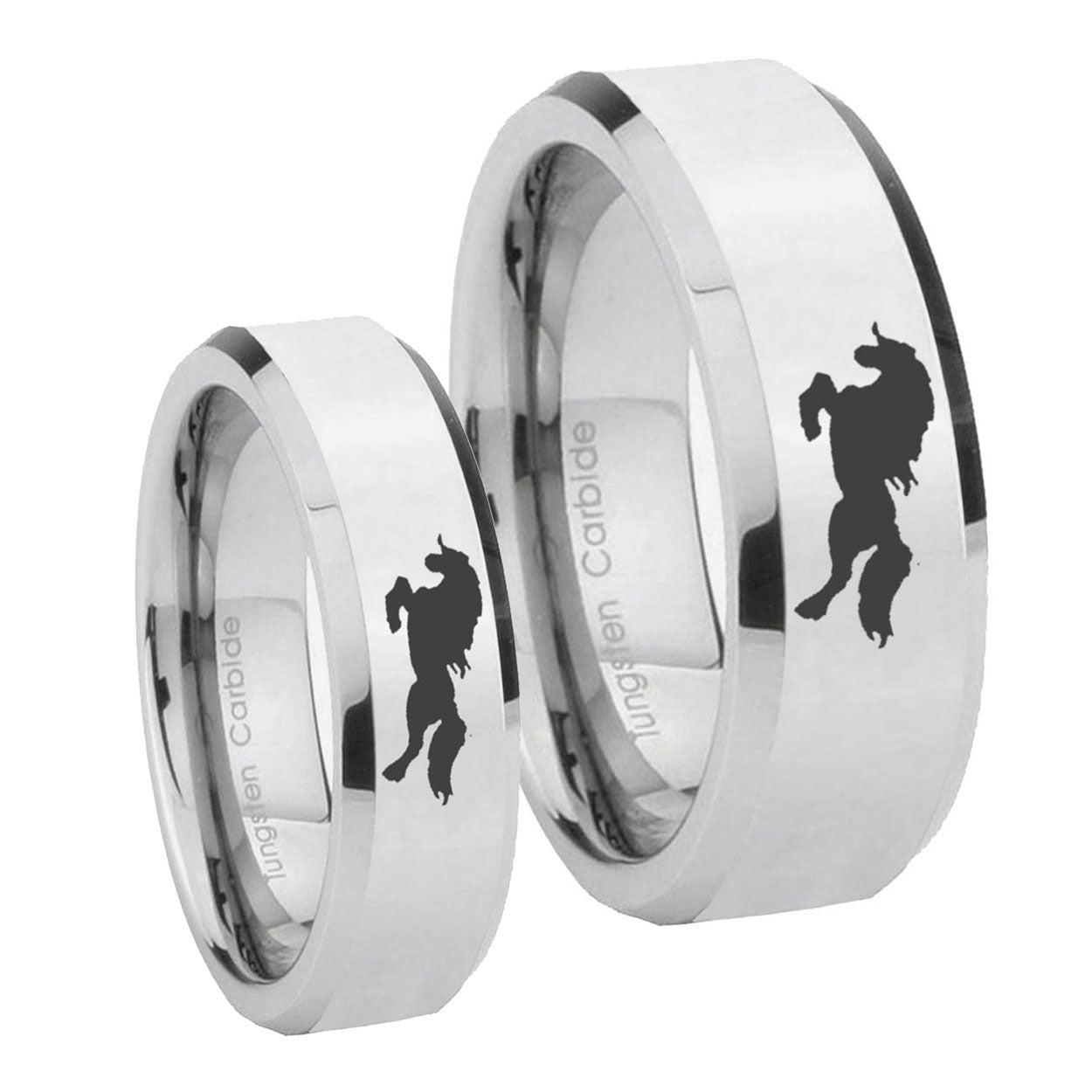 Horse Beveled Edges Silver Tungsten Couple Wedding Rings