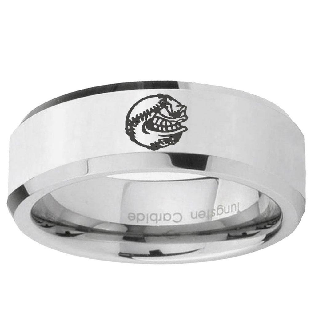 10mm Angry Baseball Beveled Edge Silver Tungsten Ring
