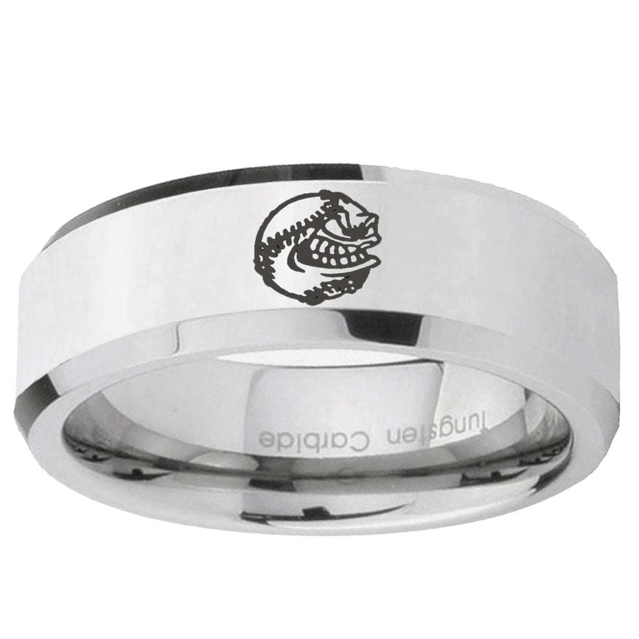 10mm Angry Baseball Beveled Edge Silver Tungsten Ring
