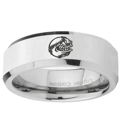 10mm Angry Baseball Beveled Edge Silver Tungsten Ring
