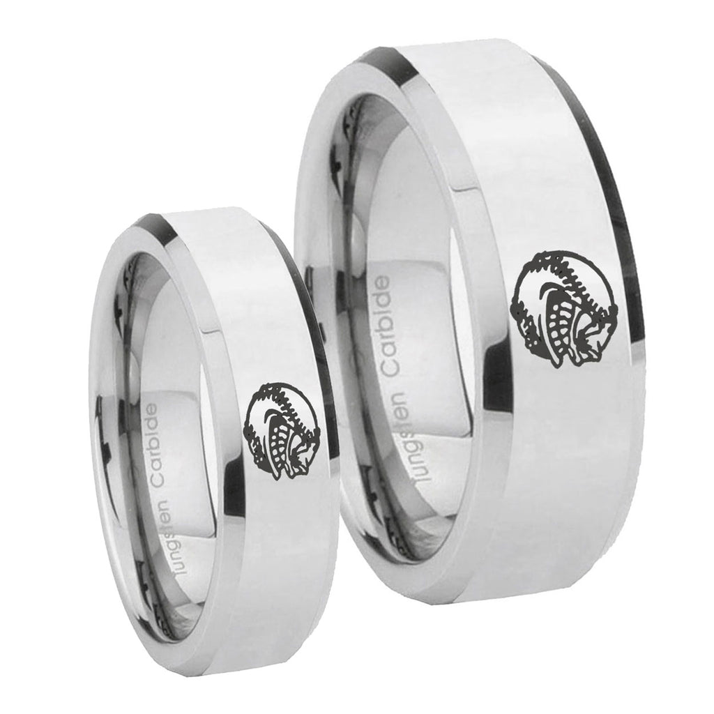 Angry Baseball Beveled Edges Silver Tungsten Mens Set Ring