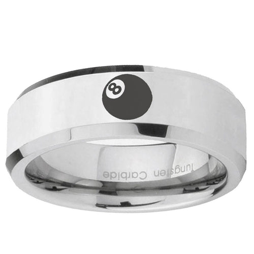 10mm 8 Ball Beveled Edge Silver Tungsten Ring