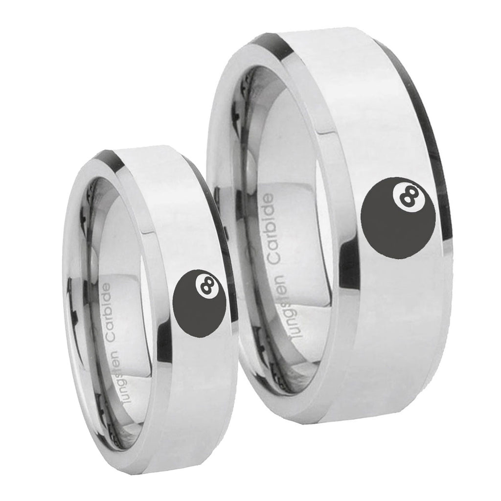 8 Ball Beveled Edges Silver Tungsten His Hers Ring Set