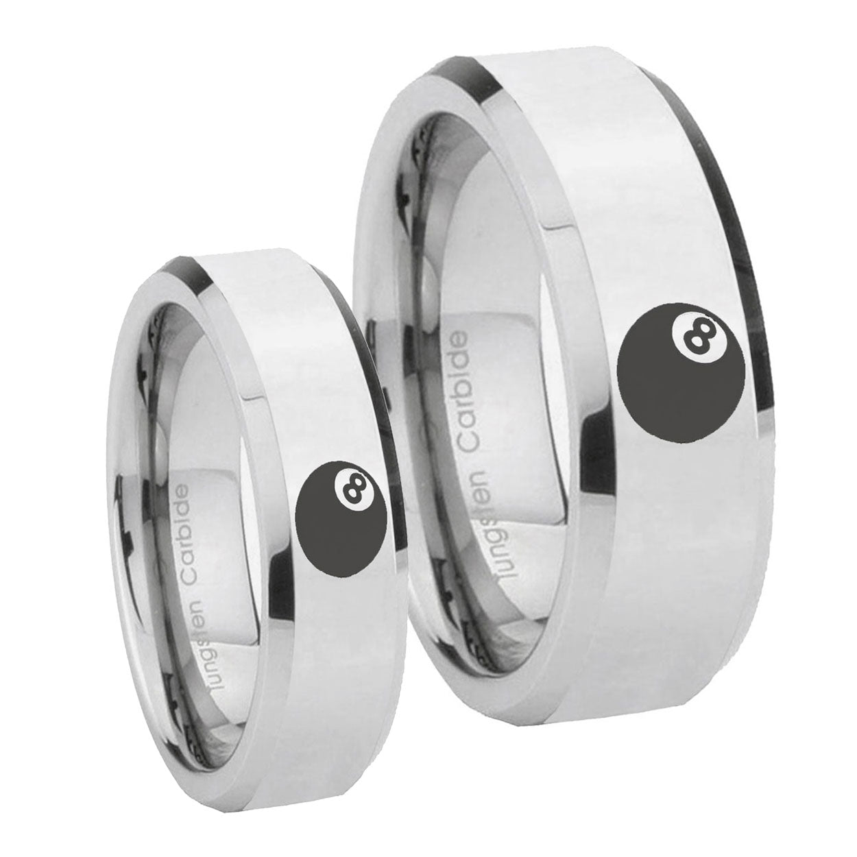 8 Ball Beveled Edges Silver Tungsten His Hers Ring Set