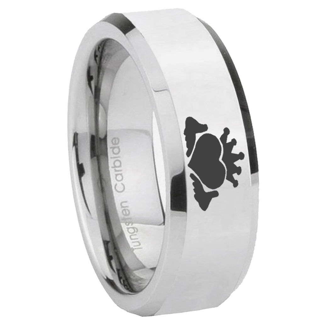 10mm Claddagh Design Beveled Edges Silver Tungsten Carbide Mens Promise Ring