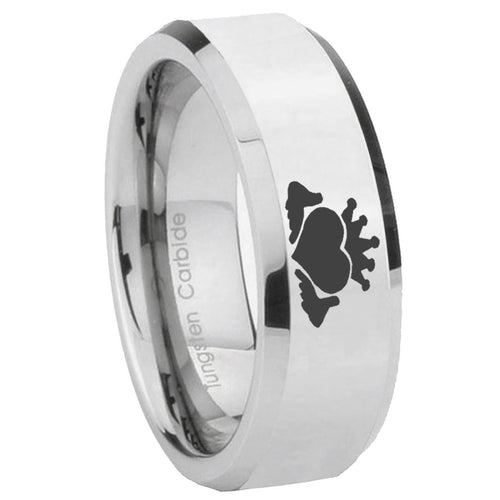 10mm Claddagh Design Beveled Edges Silver Tungsten Carbide Mens Promise Ring