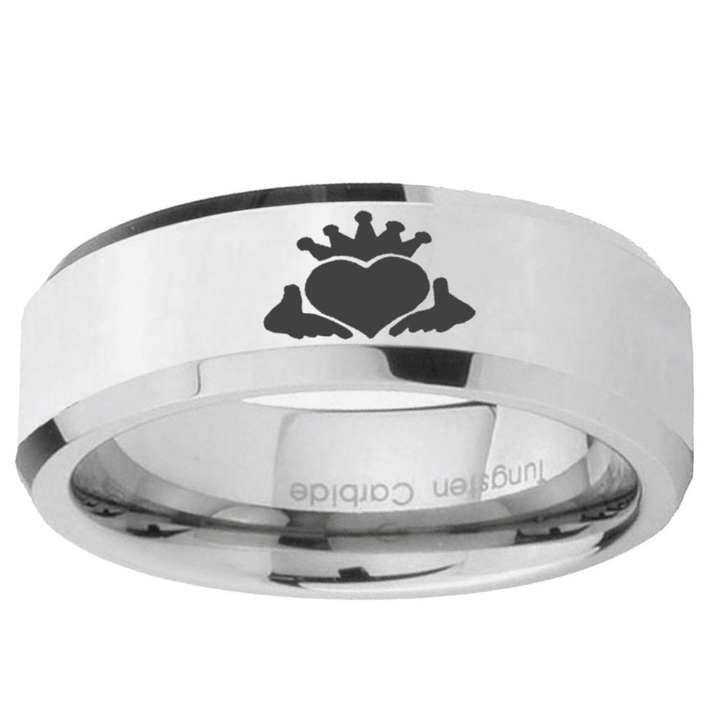 10mm Claddagh Design Beveled Edge Silver Tungsten Ring