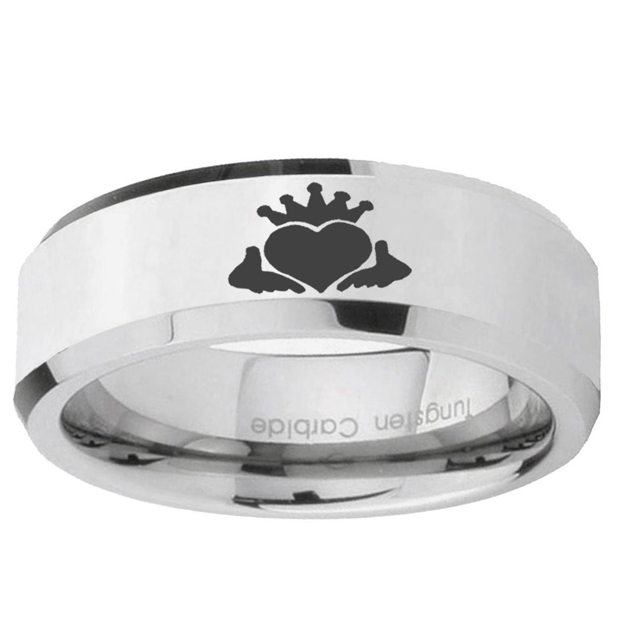 10mm Claddagh Design Beveled Edge Silver Tungsten Ring