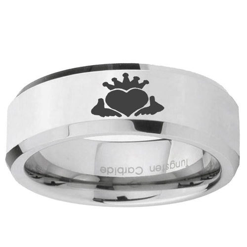 10mm Claddagh Design Beveled Edge Silver Tungsten Ring