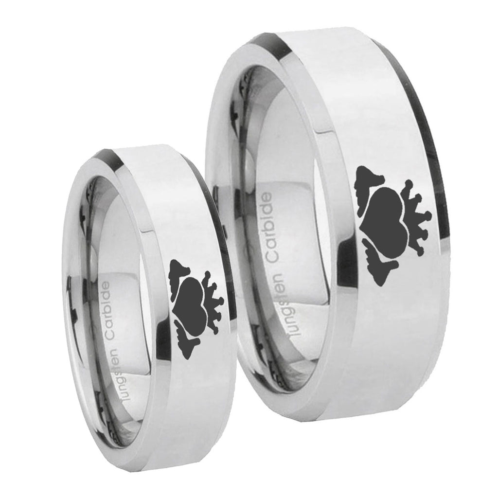 Claddagh Design Beveled Edges Silver Tungsten Engagement Ring Set