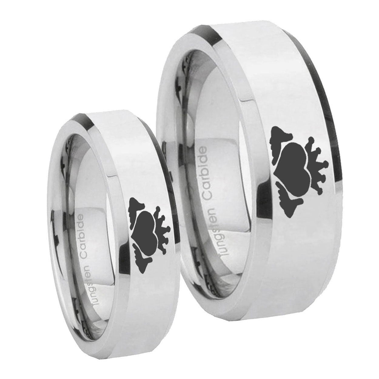 Claddagh Design Beveled Edges Silver Tungsten Engagement Ring Set